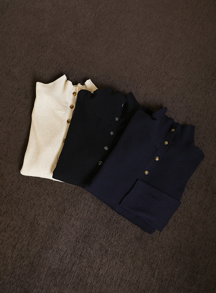 【Et】Button Design High-Neck Rib Knit Cardigan