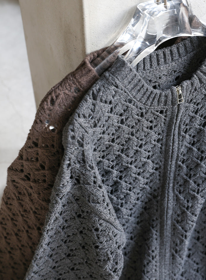 透かし編みジップカーディガン