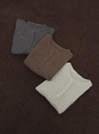 【Et】Sheer Ribbed Henley Neck Knit