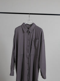 【Et】Linen-blend Waist Drawstring Shirt Dress