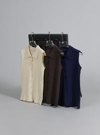 【Et】Polo Collar Rib Sleeveless Tops