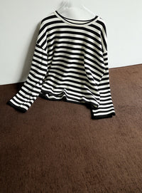 【Et】Flare Sleeve Assorted Border Knit