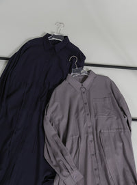 【Et】Linen-blend Waist Drawstring Shirt Dress