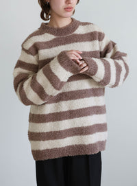 クルーネックボーダーシャギーニット