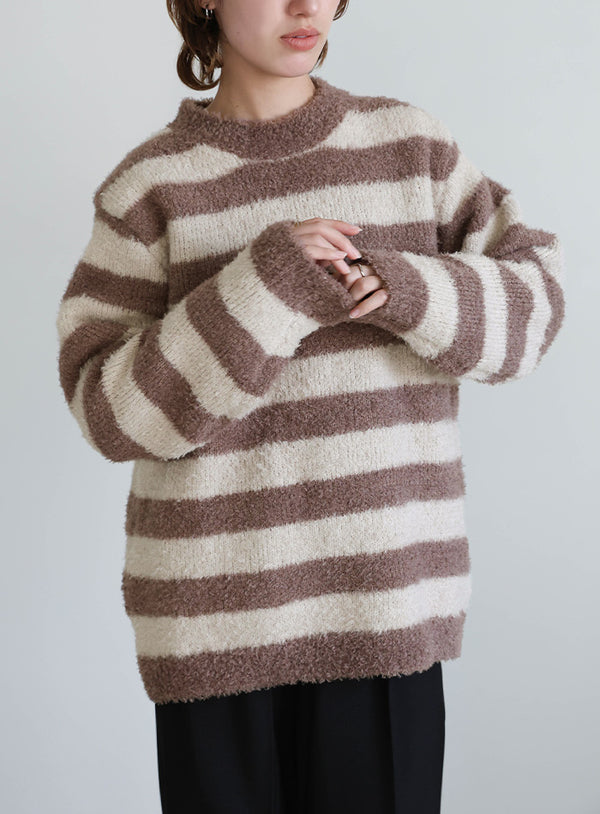クルーネックボーダーシャギーニット