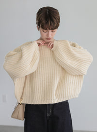 ボートネックボリュームスリーブショートニット【SALE】