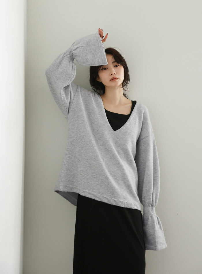 【Et】Deep V-Neck Wool Mix Knit