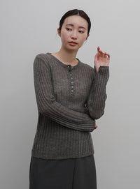 【Et】Sheer Ribbed Henley Neck Knit
