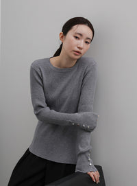 【Et】Crew Neck Button Sleeve Knit