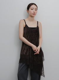【Et】Lace-Hem Velour Crepe Asymmetry long Camisole
