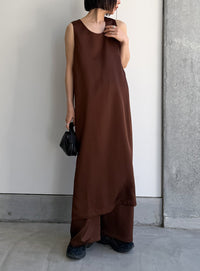 ラウンドネックサテンロングワンピース【セットアップ対応】【by SON】