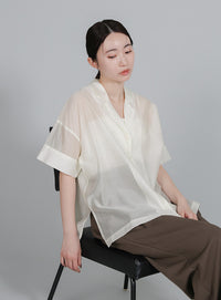 【Et】Open-Collar Sheer Shirt