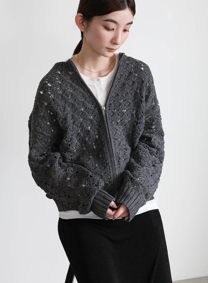 透かし編みジップカーディガン