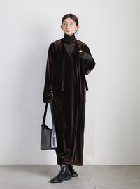 ボウタイリボンVネックベロアワンピース