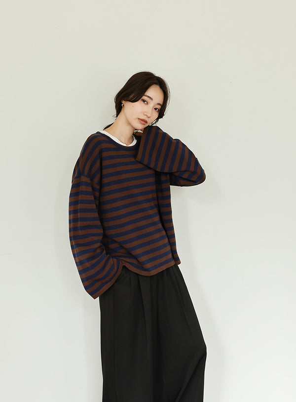 【Et】Flare Sleeve Assorted Border Knit