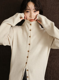 【Et】Button Design High-Neck Rib Knit Cardigan