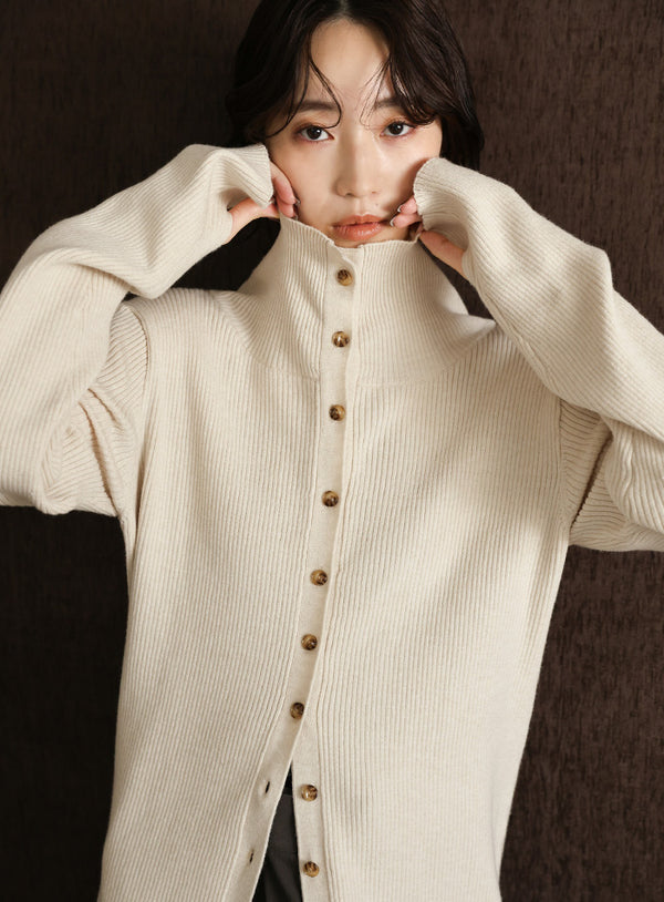 【Et】Button Design High-Neck Rib Knit Cardigan