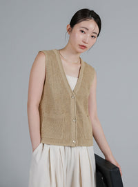 【Et】Linen-touch V-neck vest