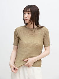 ストレッチ透かし編みデザインTシャツ