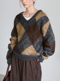 モヘアアーガイルVネックニット