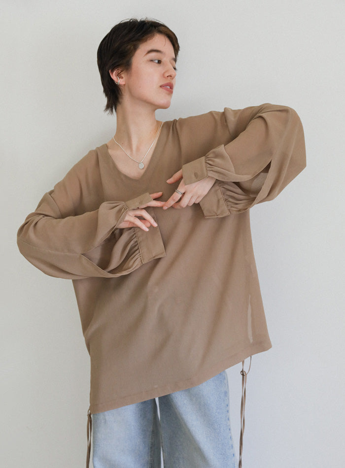 オープンスリーブデザインシフォンブラウス