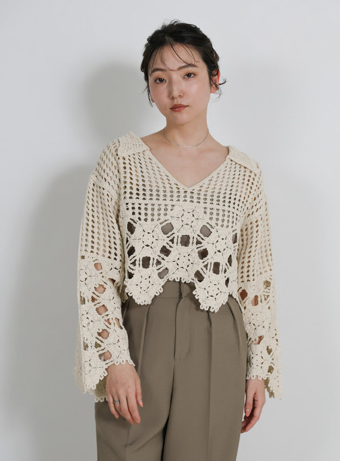 Vネッククロシェショートニット – SELECT MOCA