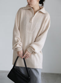 オーバーサイズリブ編みハーフジップニット