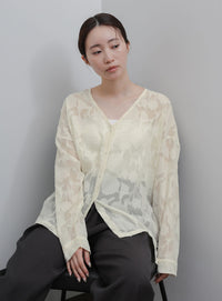 【Et】Sheer Jacqard V-Neck Blouse