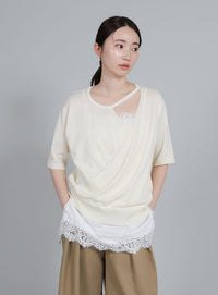 【Et】Wrap-Style Half-Sleeve Light Knit