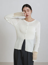 カフスシアークルーネックリブニットカーディガン