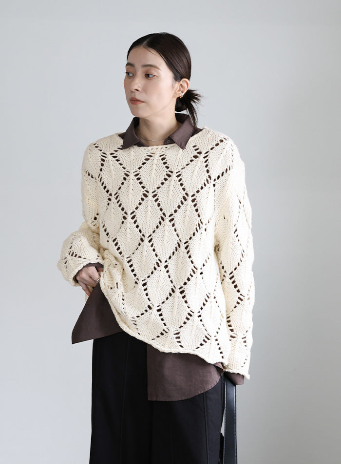 透かし編みクルーネックニットトップス