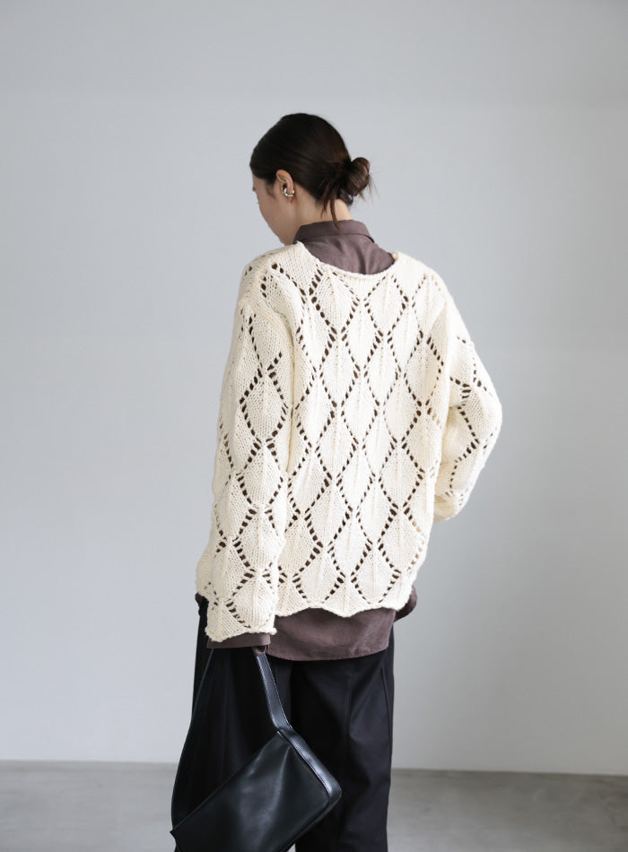 透かし編みクルーネックニットトップス
