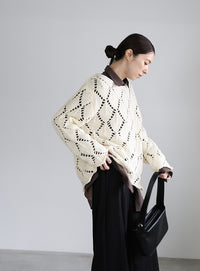 透かし編みクルーネックニットトップス