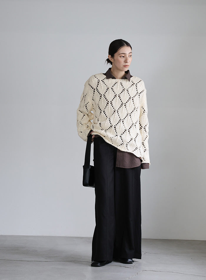 透かし編みクルーネックニットトップス