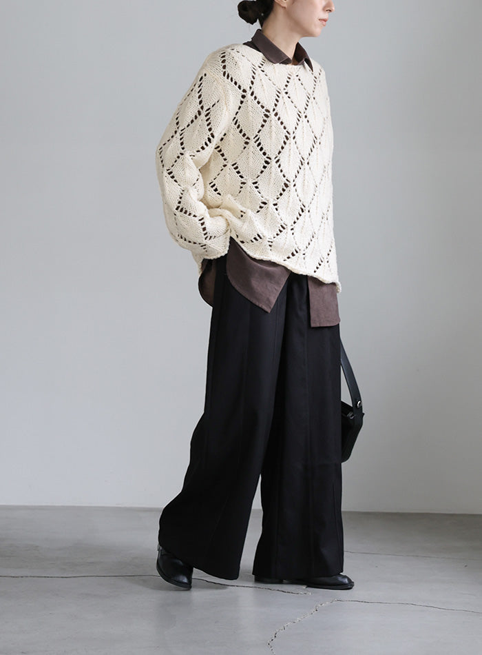 透かし編みクルーネックニットトップス