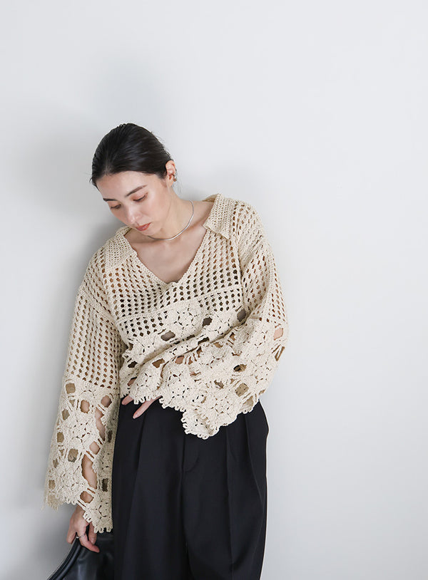 Vネッククロシェショートニット【SALE】