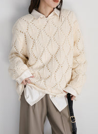 透かし編みクルーネックニットトップス