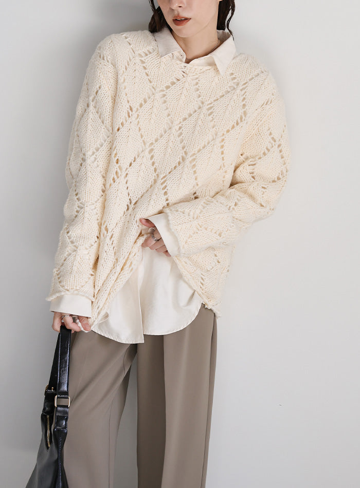 透かし編みクルーネックニットトップス