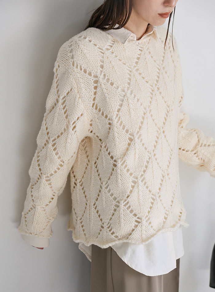 透かし編みクルーネックニットトップス
