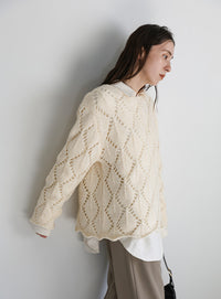 透かし編みクルーネックニットトップス