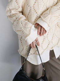 透かし編みクルーネックニットトップス