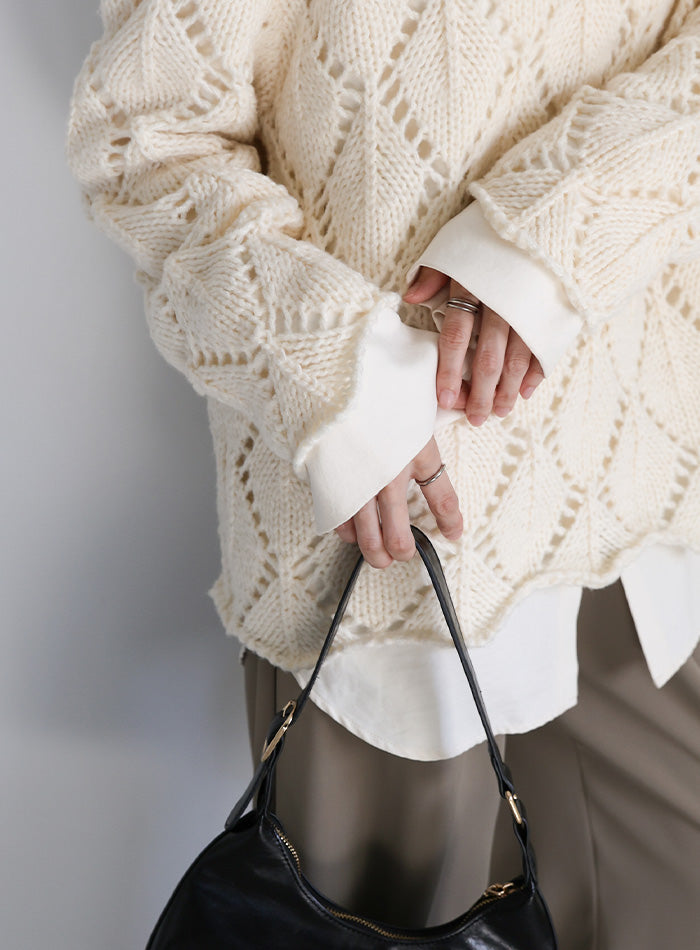 透かし編みクルーネックニットトップス