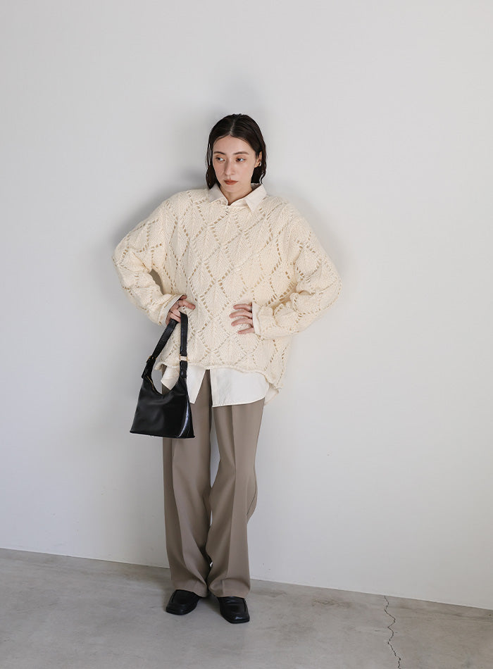 透かし編みクルーネックニットトップス