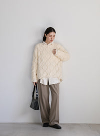 透かし編みクルーネックニットトップス