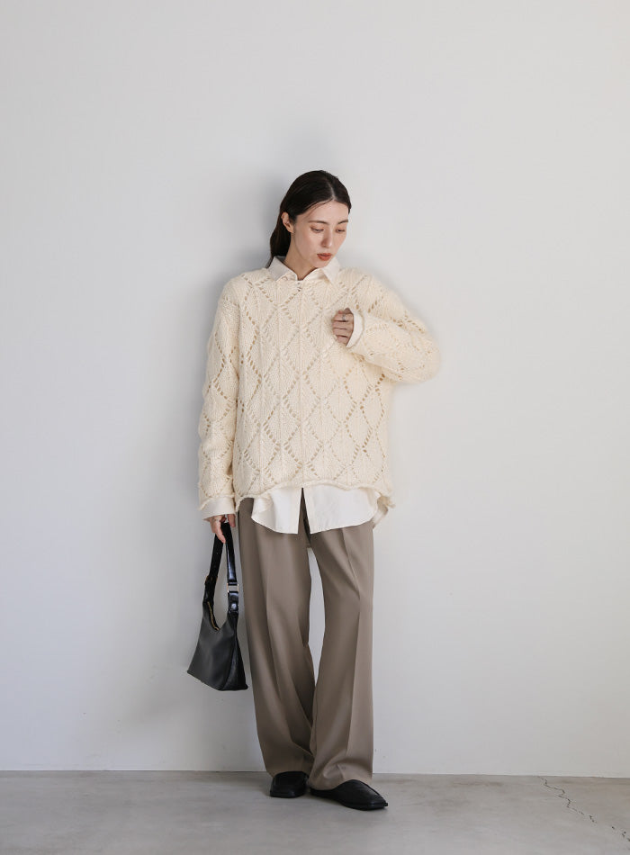 透かし編みクルーネックニットトップス