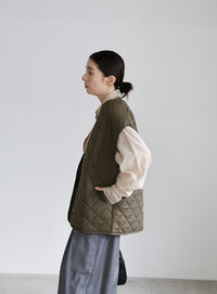 ノーカラーキルティングベスト