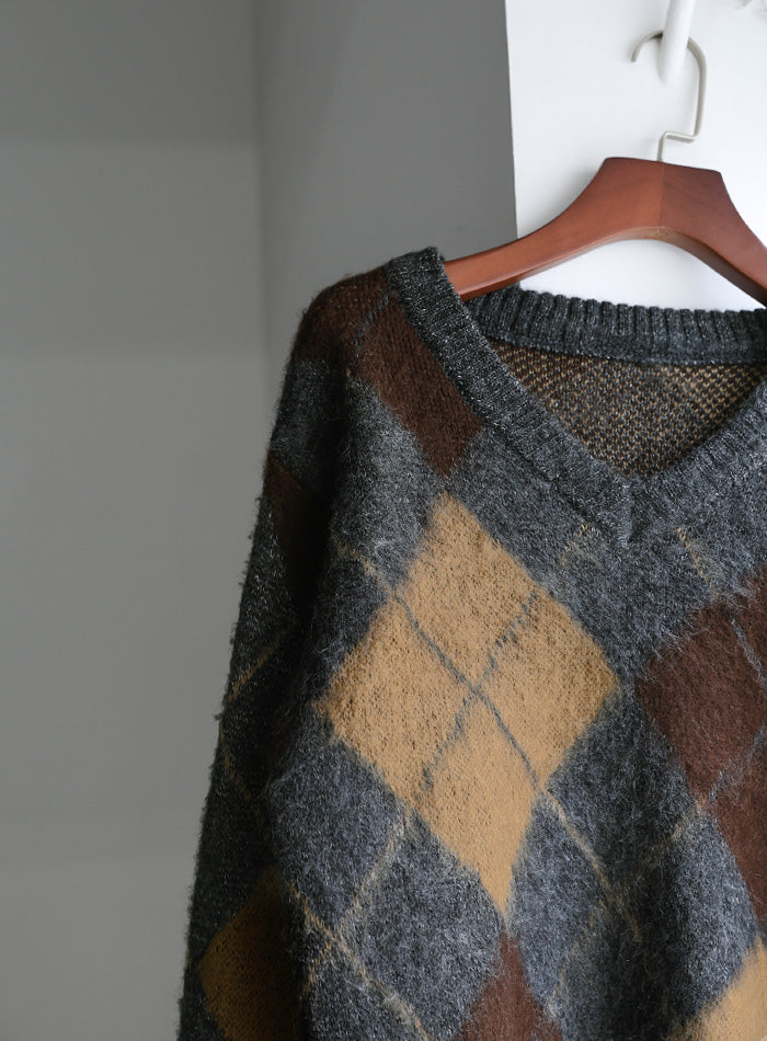 モヘアアーガイルVネックニット