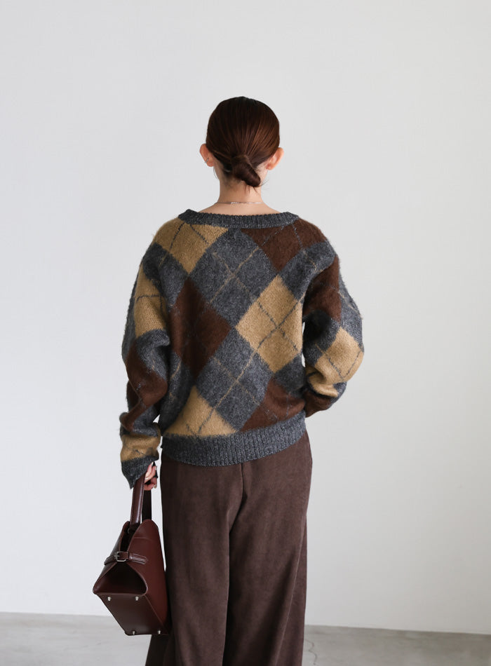 モヘアアーガイルVネックニット