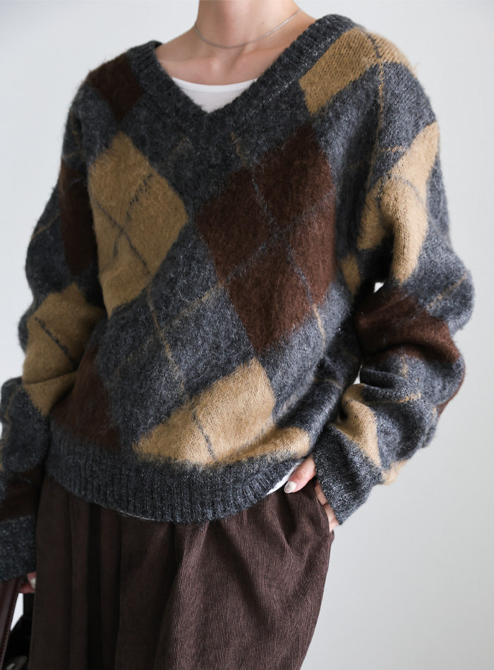 モヘアアーガイルVネックニット – SELECT MOCA