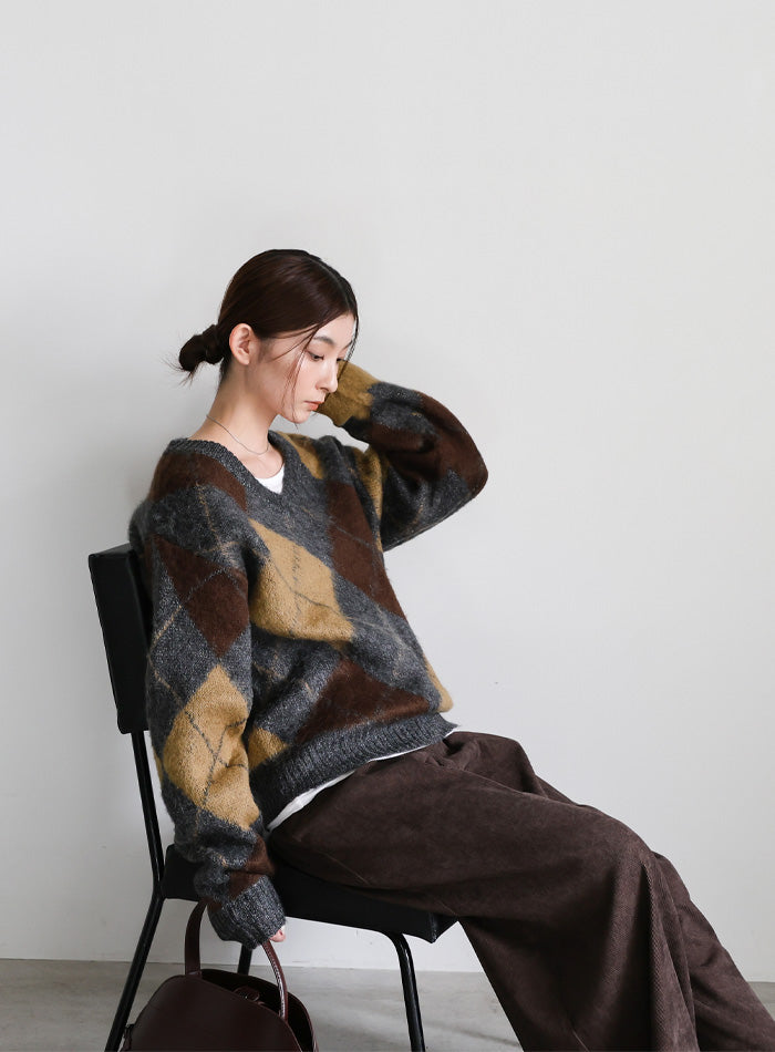 モヘアアーガイルVネックニット